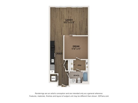 Floor plan for 1 bed, 1 bath, 695 sqft